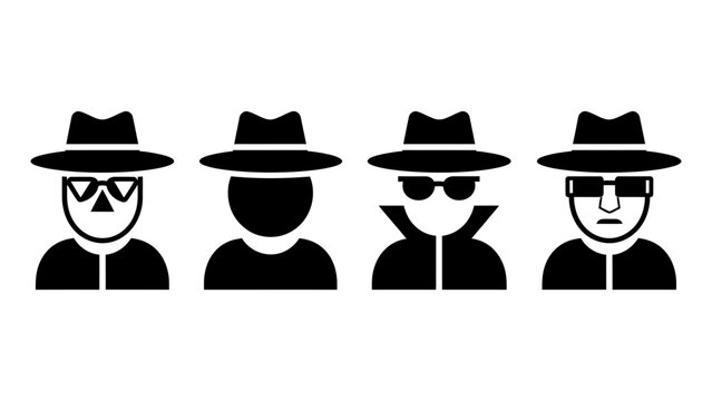 A collection of four black-and-white icons representing spies, detectives, or mysterious figures