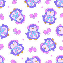 Seamless pattern of festive penguin in wonderland filled with joyful holiday charm and whimsical winter cheer. Vector illustration.