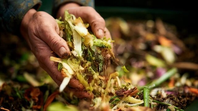 Closeup of hands shredding garden clippings and food scraps for an onfarm compost system illustrating the handson process of organic waste decomposition.