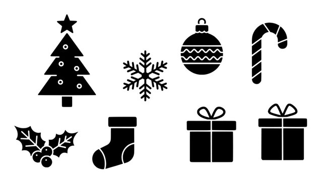 Assortment of Classic Christmas Holiday Celebration Elements and Decorative Graphic Icon Silhouettes