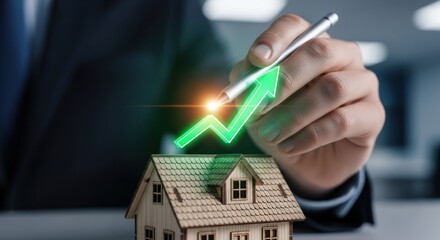 Businessman draws glowing green upward trend arrow above miniature wooden house model, for real estate investment growth, property value appreciation, successful housing market planning