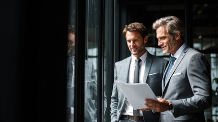Fototapeta premium Business Professionals Reviewing Document: Two smartly dressed men engage in a focused discussion, carefully reviewing a document in a modern office environment.