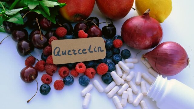 Products that contain quercetin. Selective focus.