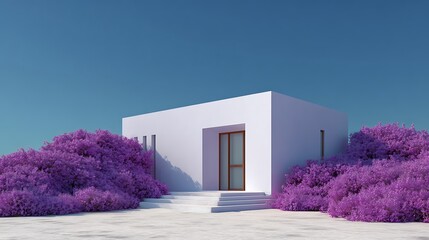 Modern white house with purple flowering bushes and clear blue sky background