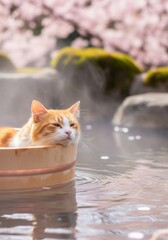 Orange Cat Relaxing In A Wooden Tub On A Tranquil Hot Spring With Pink Cherry Blossoms