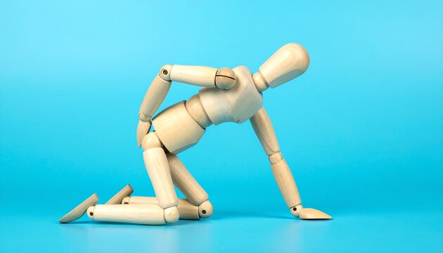 Wooden Art Mannequin Kneeling and Holding Back in Pain Against a Solid Blue Background - Powered by Adobe