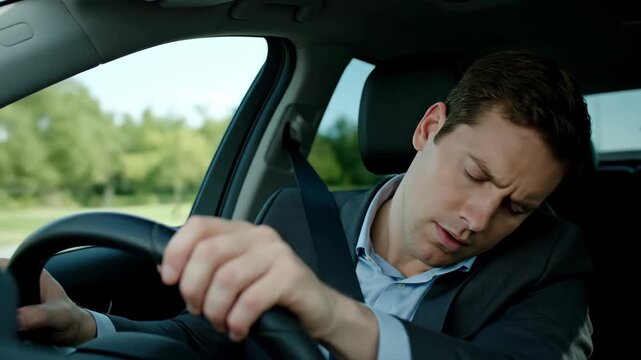 Exhausted businessman falling asleep while driving a car. Drowsy driver nodding off at the wheel. Danger of fatigue and sleep deprivation concept