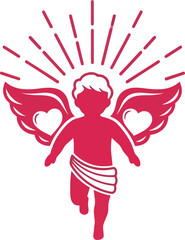 Joyful cherub with radiant wings ascending through fiery halo symbolizing love and divine grace for romantic themes and celebrations isolated on white background