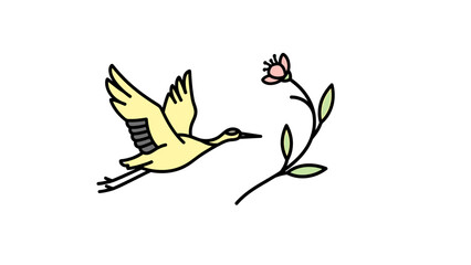 Obraz premium Elegant Illustration of a Hummingbird Flying Towards a Delicate Pink Flower with Green Leaves, Perfect for Nature, Wildlife, and Botanical Themes