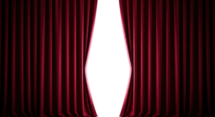 Red velvet theater curtains opening to reveal darkness transparent background cutout png