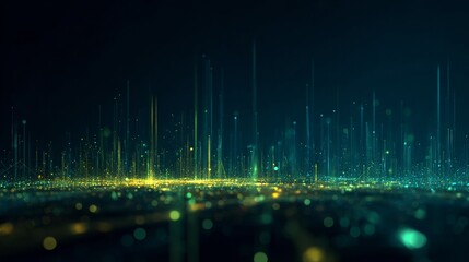 A Dynamic and Vibrant Visualization of Light Trails and Digital Patterns Over a Futuristic Cityscape at Night