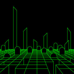 Memorials and tombstones, infographics in retro style. Cemetery, wireframe landscape background. Memorial day. Funeral agency banners