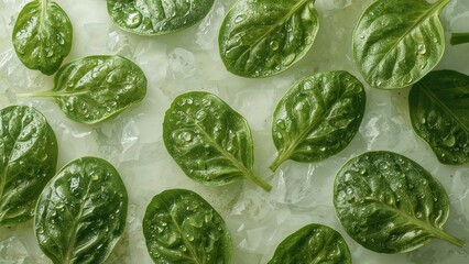 Obraz premium Fresh spinach leaves with water droplets on a surface. Healthy greens and vegetables. Natural food ingredients. The concept of fresh, healthy produce.