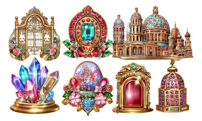 Obraz premium Luxurious Miniature Architectural Icons with Jewels and Crystals in Illustration Style