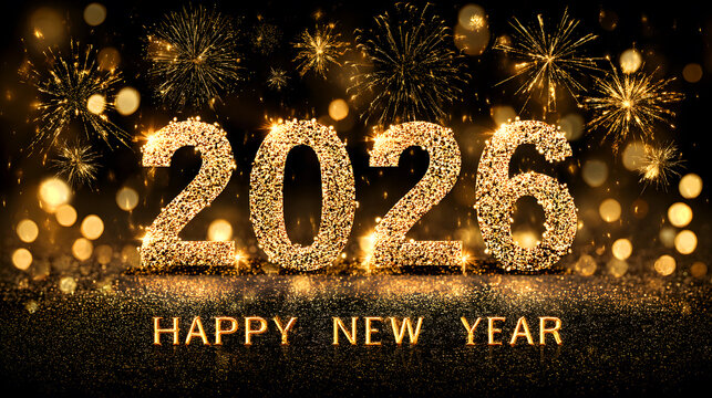 Happy new year 2026 glittery gold fireworks celebration