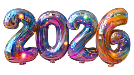 Shiny colorful balloons in the shape of 2026 isolated on transparent background