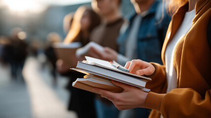 Faceless student hands holding notebooks outdoors university campus environment educational materials carrying academic setting presence learning preparation display