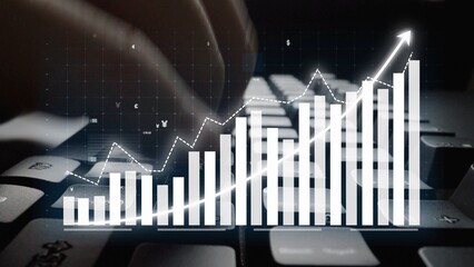 Hands on a keyboard inputting data with graphical growth indicators overlay, symbolizing the importance of data analysis in driving business success and innovation. Copula