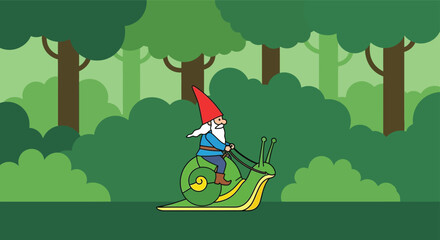 Whimsical gnome riding a snail through a lush green forest fantasy woodland scene with trees and bushes isolated on white background © Hridoy