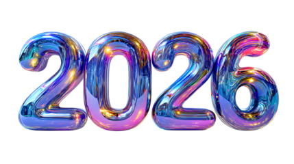 Holographic balloon numbers 2026 isolated on transparent background