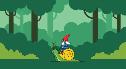 Whimsical forest scene with a child riding a giant snail through lush green trees and foliage adventure isolated on white background © Hridoy