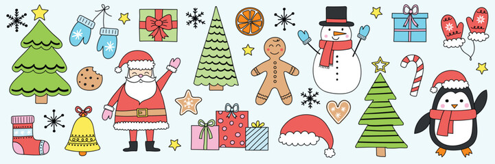Collection of cartoon Christmas ornaments. Holiday icons: Santa Claus, snowman, cookie and tree. Vector illustration