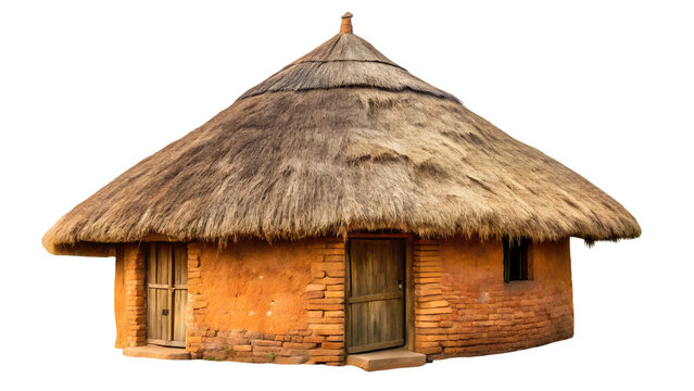 Traditional African mud hut with thatched roof and wooden doors for design