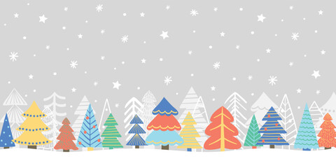 Cartoon Christmas tree banner. Winter landscape design. Vector illustration