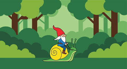 Whimsical forest gnome rides bright yellow snail through lush green woodland scenery isolated on white background © Hridoy