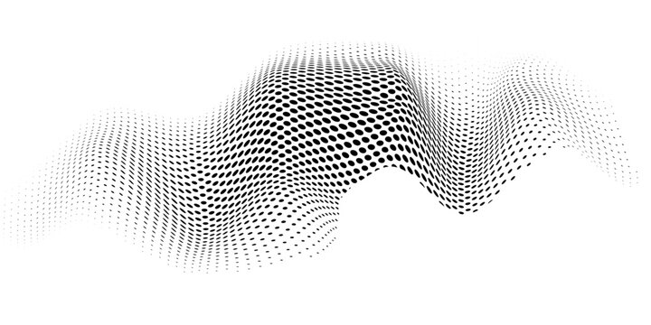 Flowing dots particles wave pattern 3D curve halftone black gradient curve shape isolated on white background. Vector in concept of technology, science, music, modern vector wave eps 10
