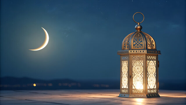 Ramadan lantern with warm golden lights, crescent moon in background