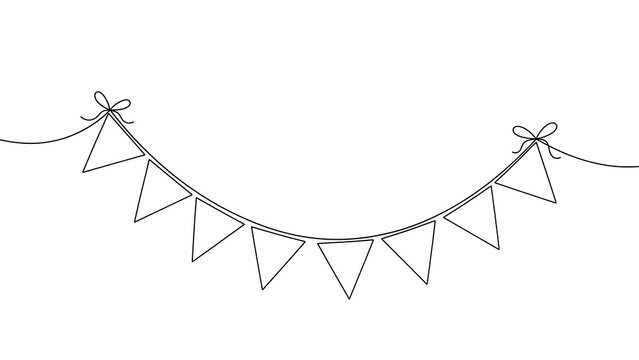 Continuous line art illustration of a festive triangular flag bunting garland with bows