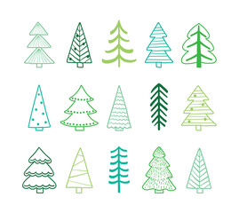 Abstract Christmas tree icon collection. X-Mas doodle ornaments. Vector illustration