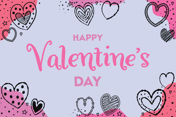 Cute Valentine&rsquo;s Day greeting card with cartoon hearts. Background with hand drawn elements. Vector illustration