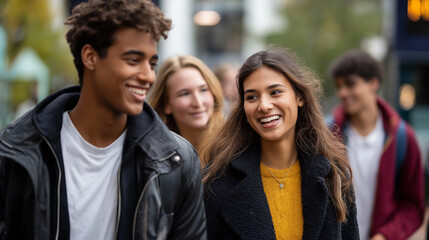 Obraz premium Faceless multicultural young people having fun walking happy friends group talking laughing university students enjoying time college campus lifestyle concept defocused urban