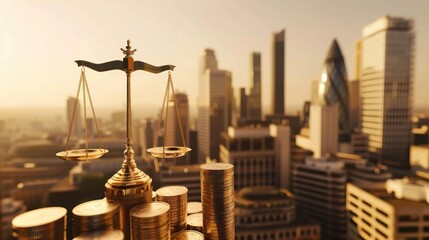 Golden Balance Scale on Stacked Coins with Modern City Skyline in Sunset Light