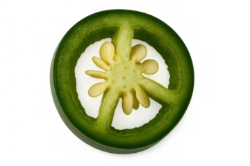 Green jalapeño pepper slice creating peace sign symbol, fresh spicy food ingredient on transparent background