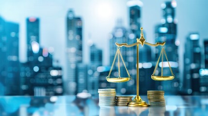 Golden Balance Scale with Coins in Front of Modern City Skyline Business Concept