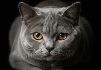 Close-Up Grey British Shorthair Cat With Golden Eyes Against Black Background