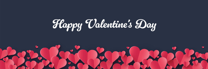 Valentine’s Day banner with floating paper cut hearts. Abstract background design. Vector illustration