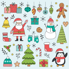 Christmas ornament design set. Hand drawn X-Mas elements: Santa Claus, tree, snowman, cookie, present. Clipart design. Vector illustration