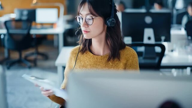 Tech support agent communicating in Mandarin focused on solving a client issue with a computer and microphone in a bright workspace.