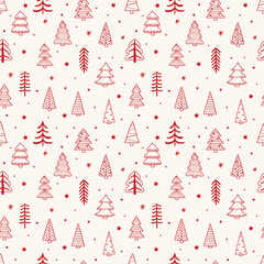 Naklejka na ściany i meble Colourful Christmas seamless pattern with cartoon trees and snowflakes. Wallpaper design. Vector illustration