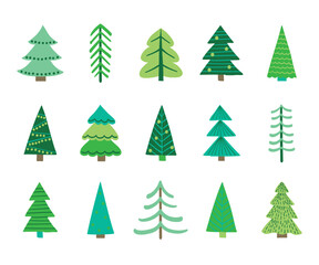 Abstract Christmas tree icon collection. X-Mas doodle ornaments. Vector illustration