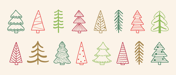 Set with a cartoon Christmas tree icons. Abstract ornaments. Vector illustration