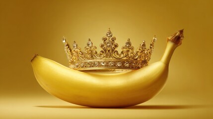 Golden Banana with Ornate Crown on Yellow Background