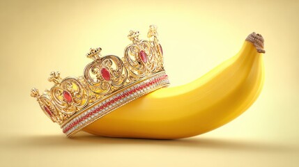 Golden Banana with Ornate Crown on Yellow Background