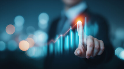 Business professional touching glowing financial growth chart and data visualization