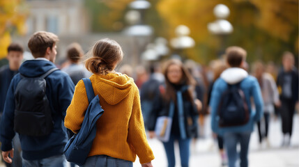 Vibrant dynamic university campus during autumn faceless students walking chatting studying capturing academic life essence knowledge pursuit representation defocused seasonal