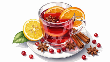 Warm spiced mulled wine in a glass mug garnished with citrus slices and star anise